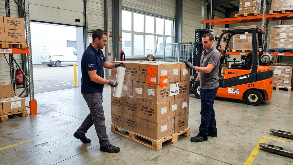 Préparation et chargement d’une palette pour un transport urgent en Île-de-France