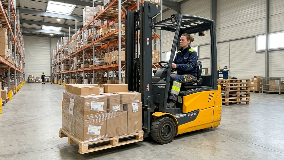 Manutention d’une palette de marchandises dans un entrepôt, logistique moderne