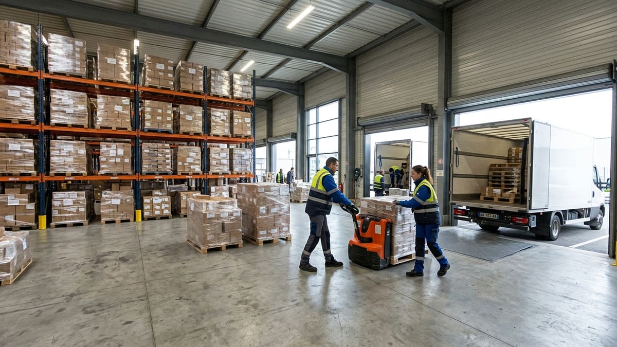 ALT FR — Entrepôt logistique en Île-de-France avec palettes et camions électriques