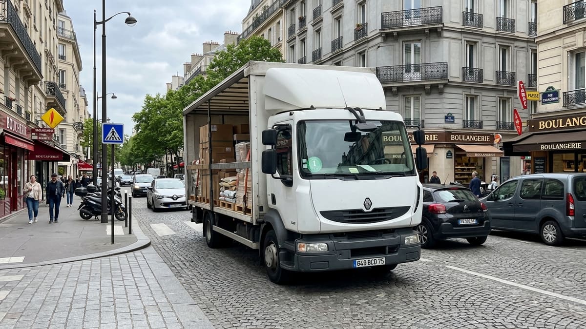 Alt : Camion de livraison transportant des palettes dans les rues de Paris, zone à faible émission