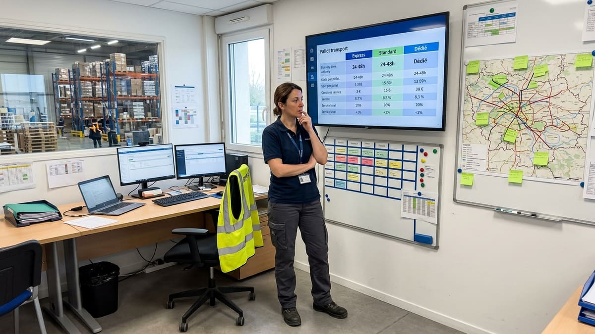 Un responsable logistique face à un tableau comparatif pour choisir le meilleur mode de transport de palettes en Île-de-France