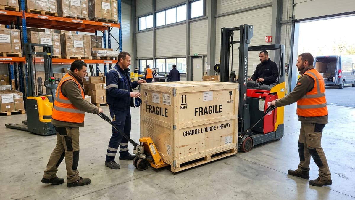 Manutention d’une palette volumineuse et fragile en Île-de-France dans un entrepôt