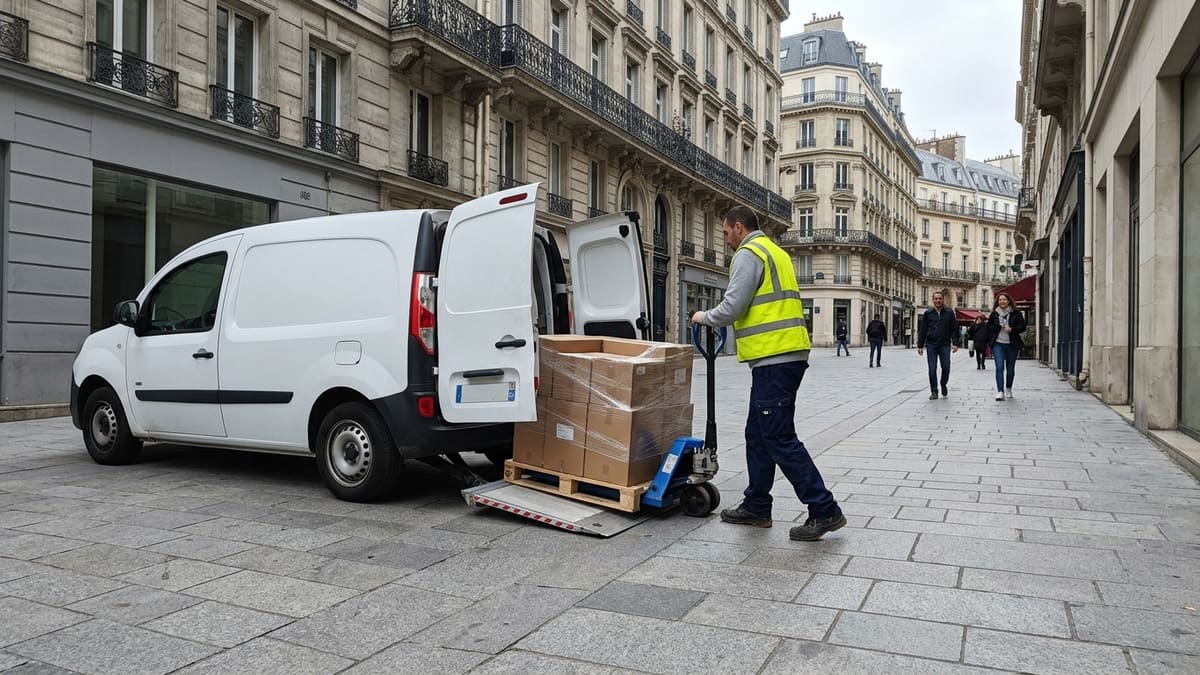 Transporteur livrant une palette dans une rue piétonne de Paris avec un véhicule électrique